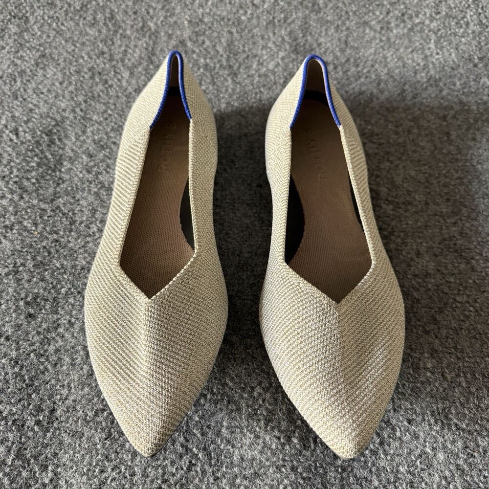 Rothy's Pointed Knit Flats in Beige with Blue Trim